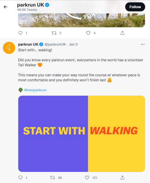 tweet from parkrun - start with walking